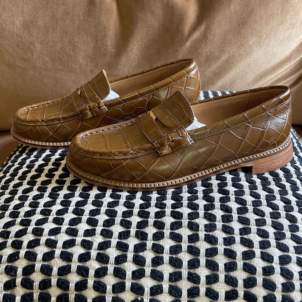 Freda Salvador Elba Penny Loafer, Hickory Embossed Croc with Hardware
